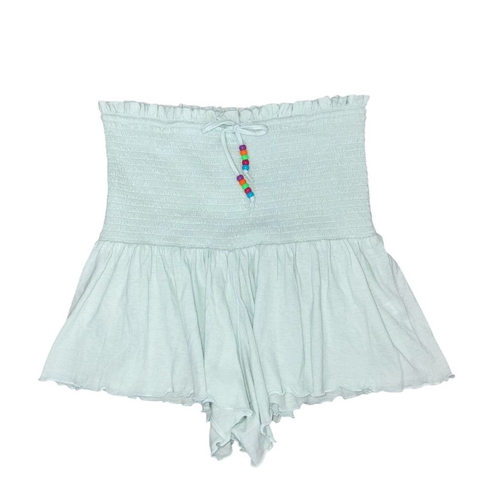 Pastel Teal Smocked Lettuce-Edge Cotton Mini Shorts NWT